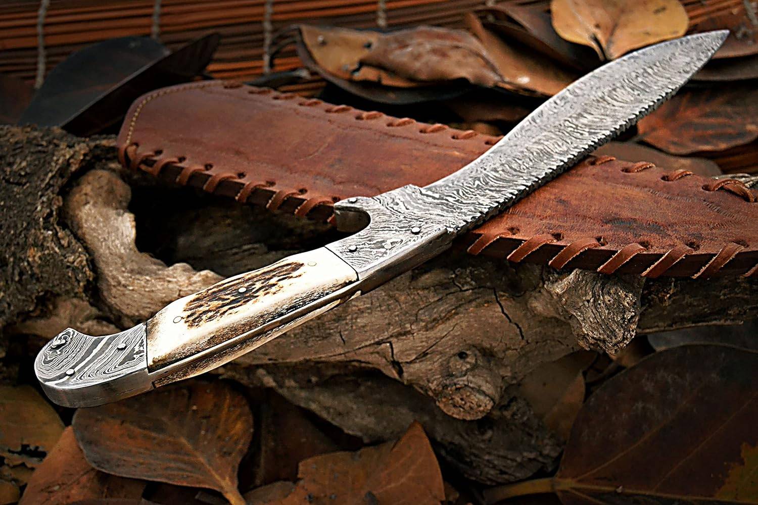 Custom Handmade Damascus Steel Hunting Bowie Knife Stag Handle And Leather Sheath