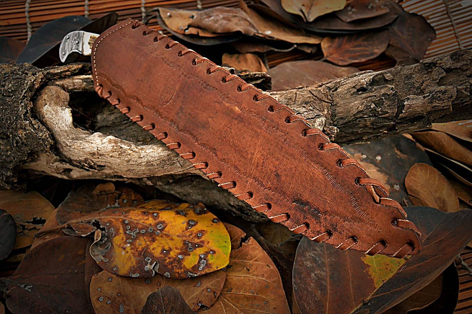 Custom Handmade Damascus Steel Hunting Bowie Knife Stag Handle And Leather Sheath