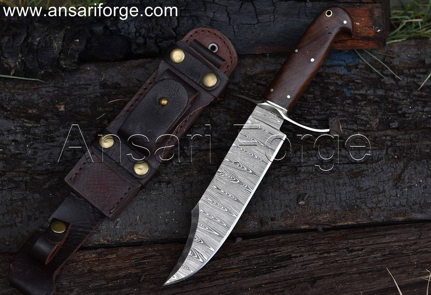 Full Tang Damascus Steel Bowie Knife With Horizontal Carry Leather Sheath Best For Hunting & Camping