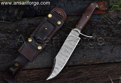 Full Tang Damascus Steel Bowie Knife With Horizontal Carry Leather Sheath Best For Hunting & Camping