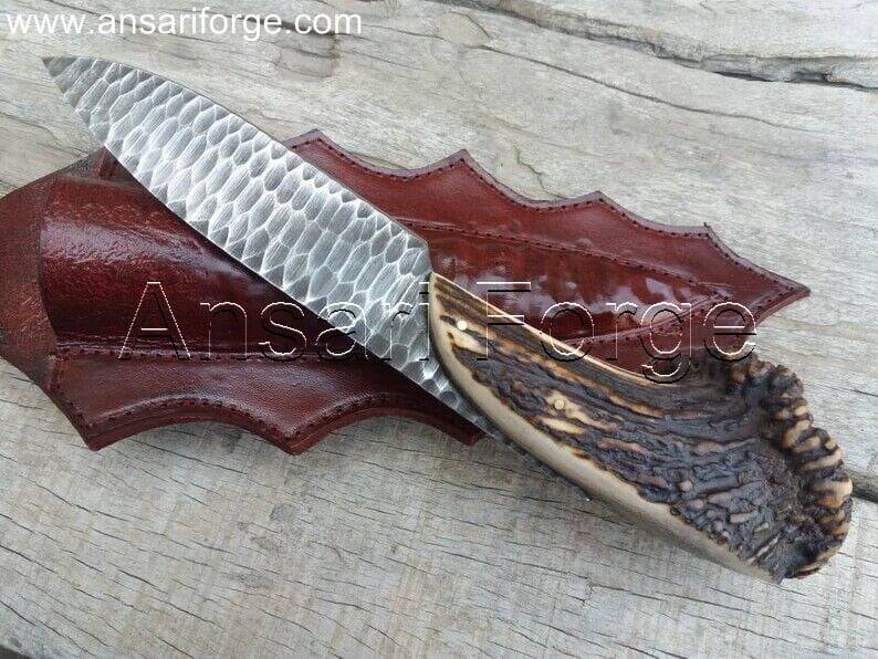 Antler Handle Kanpped Steel Knife With Handmade Leather Sheath