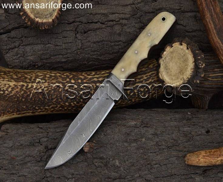 Damascus Steel Hunting Knife With Camel Bone Handle & Leather Sheath