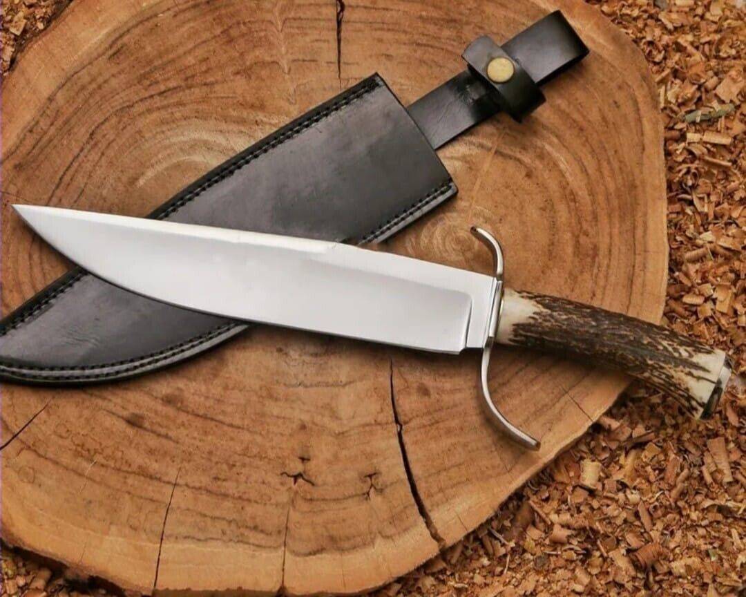 Custom Handmade D2 Steel Bowie Knife With Stag Antler And Leather Sheath