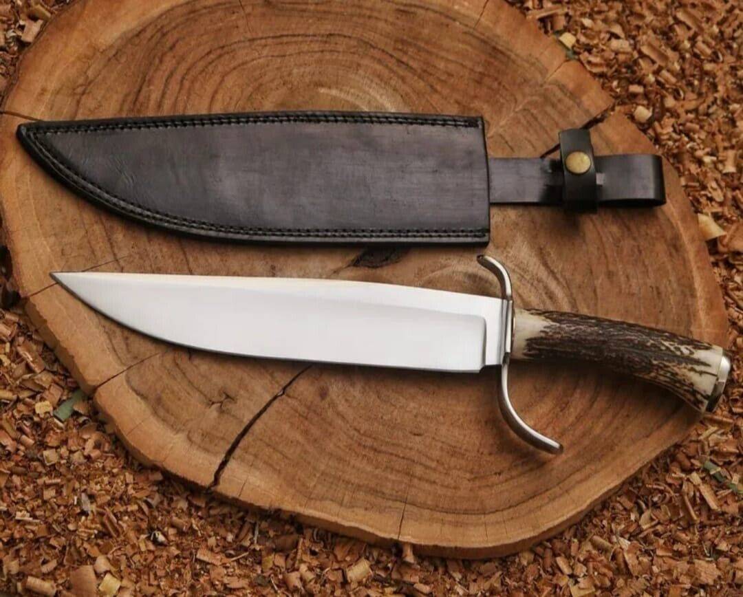 Custom Handmade D2 Steel Bowie Knife With Stag Antler And Leather Sheath