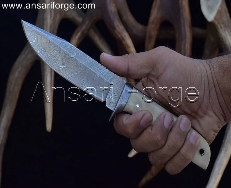 Razor-sharp Damascus steel hunting knife for effortless control, featuring a comfortable camel bone handle and secure leather sheath.