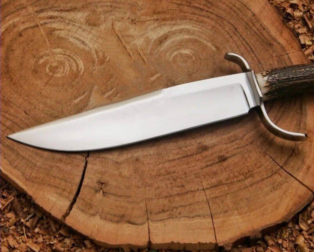 Custom Handmade D2 Steel Bowie Knife With Stag Antler And Leather Sheath