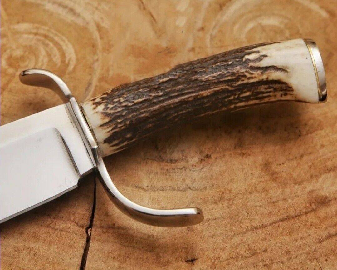 Custom Handmade D2 Steel Bowie Knife With Stag Antler And Leather Sheath