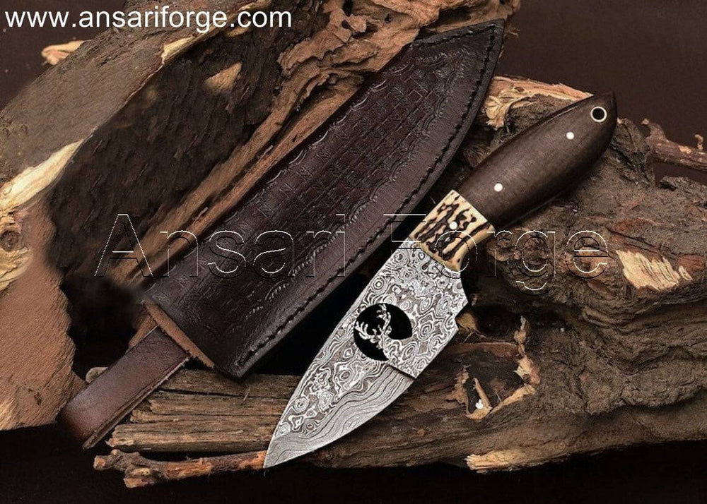 Best Skinning Knife , Rain Drop Damascus Steel Full tang Blade - Handcrafted for Effortless Field Dressing, Comes with leather sheath