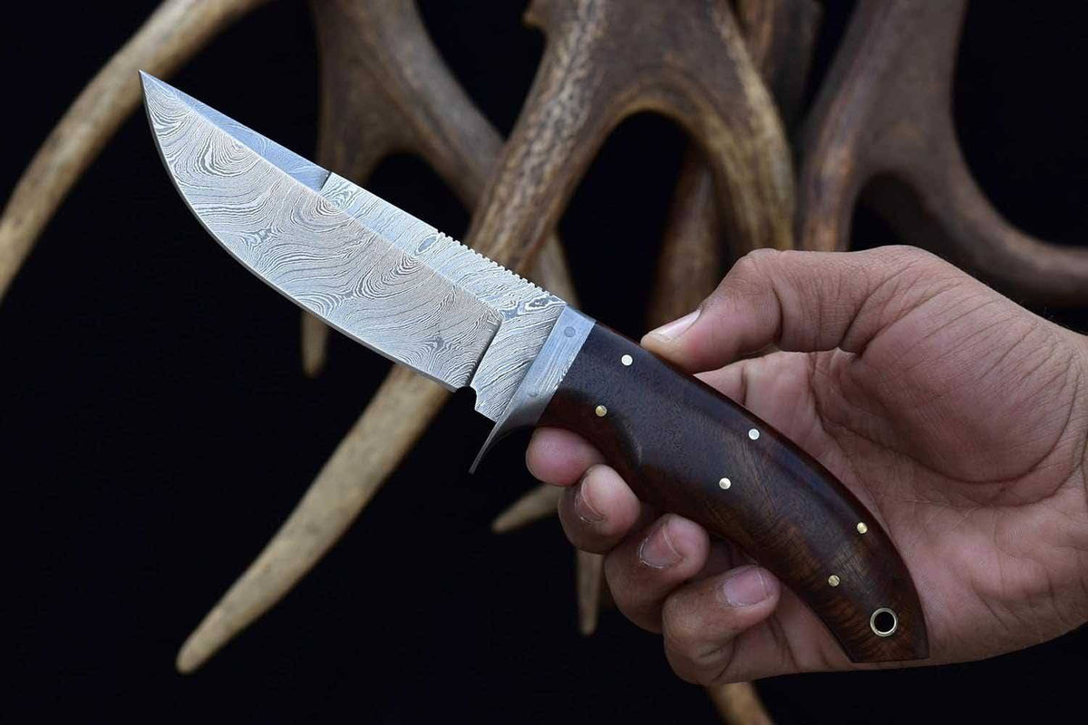 Custom Handmade Damascus Steel Hunting Knife Wood Handle And Leather Sheath