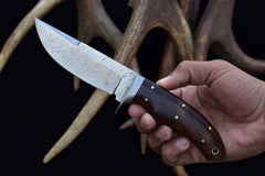 Custom Handmade Damascus Steel Hunting Knife Wood Handle And Leather Sheath