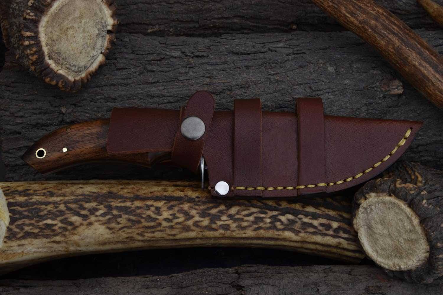 Custom Handmade Damascus Steel Hunting Knife Wood Handle And Leather Sheath