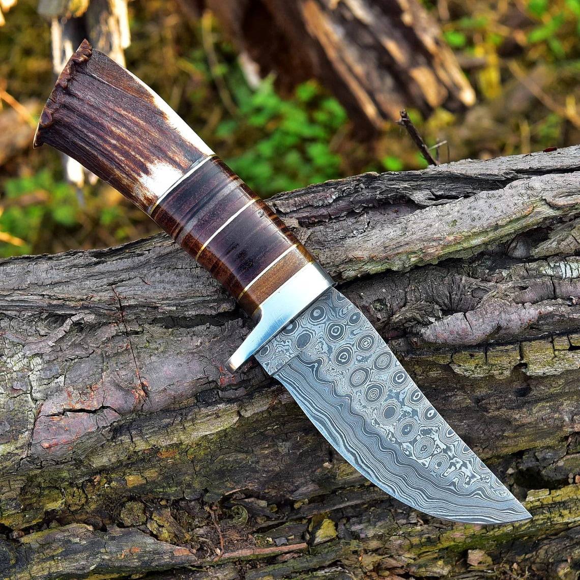 Damascus Steel Hunting Knife Stag Handle