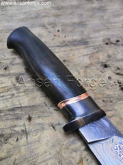 Hand-forged Munin Viking Knife with Damascus steel blade, ebony wood handle, and leather sheath.