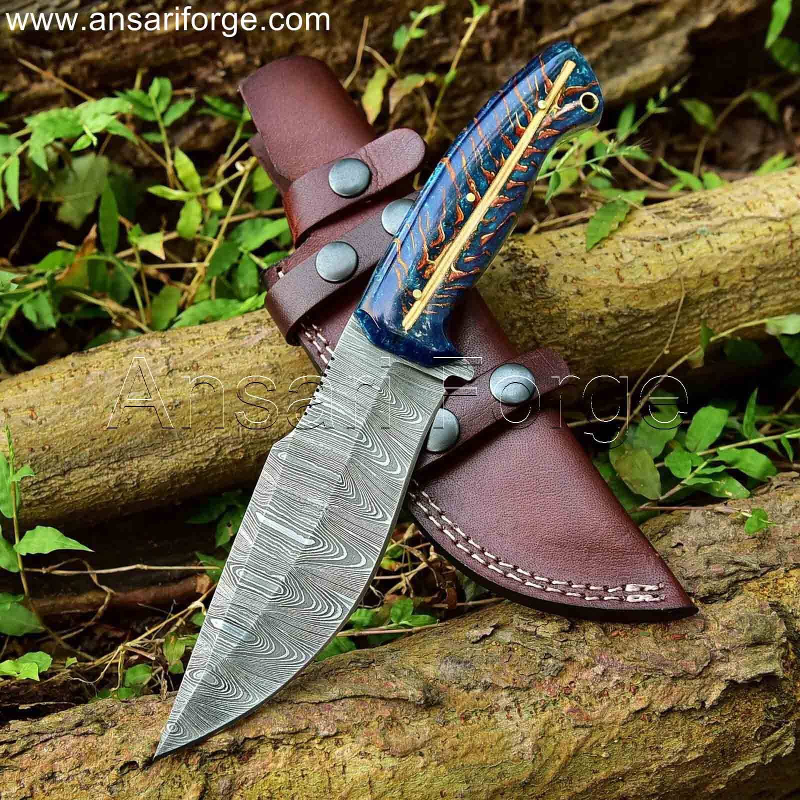 10" Best Hunting Knife Damascus Steel Blade, Pine Cone Handle & Leather Sheath