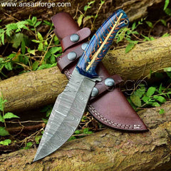 10" Best Hunting Knife Damascus Steel Blade, Pine Cone Handle & Leather Sheath