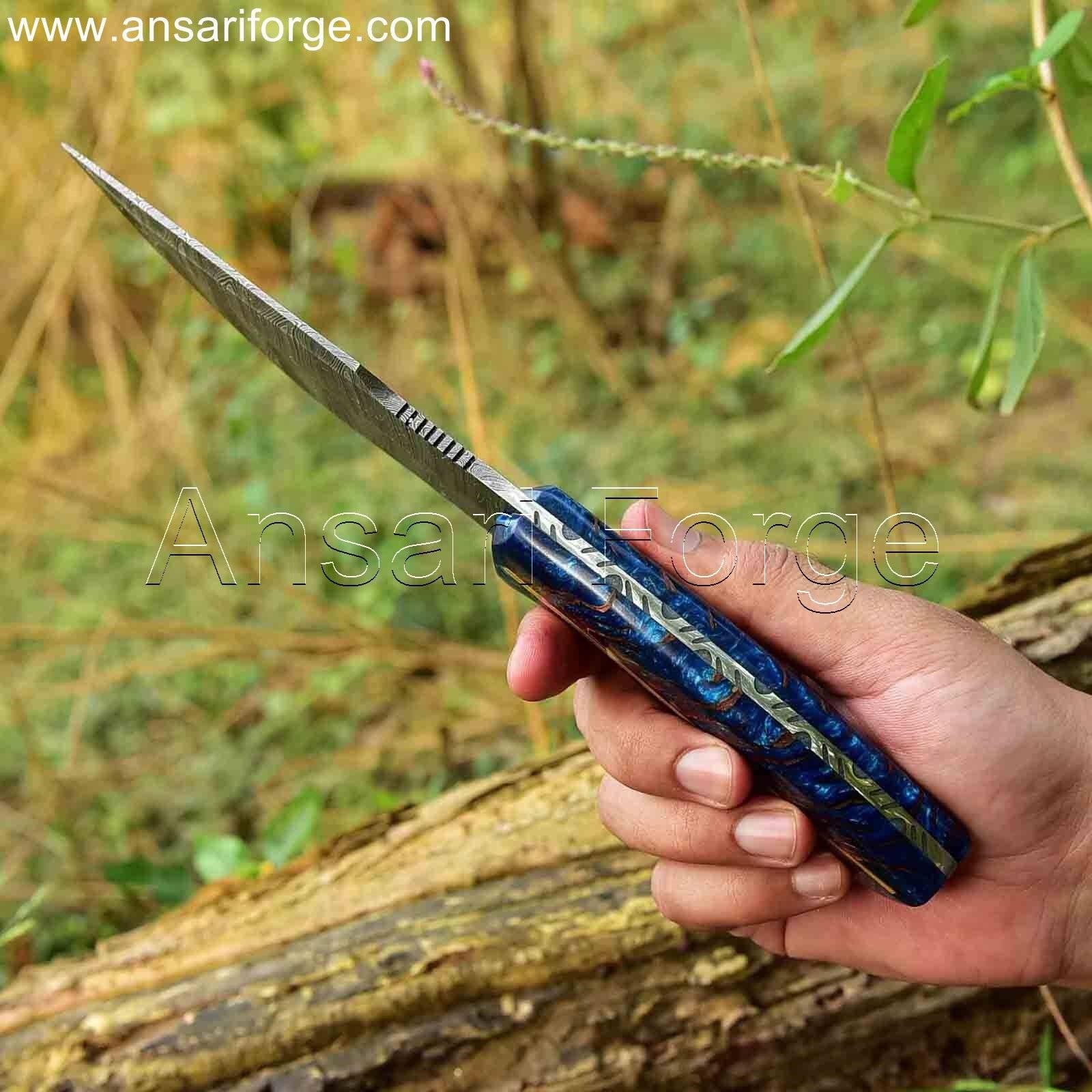 Full tang Damascus steel best hunting knife with a twist pattern, pinecone handle, and cowhide leather sheath. Overall length 10.0 inches, blade length 5.5 inches.