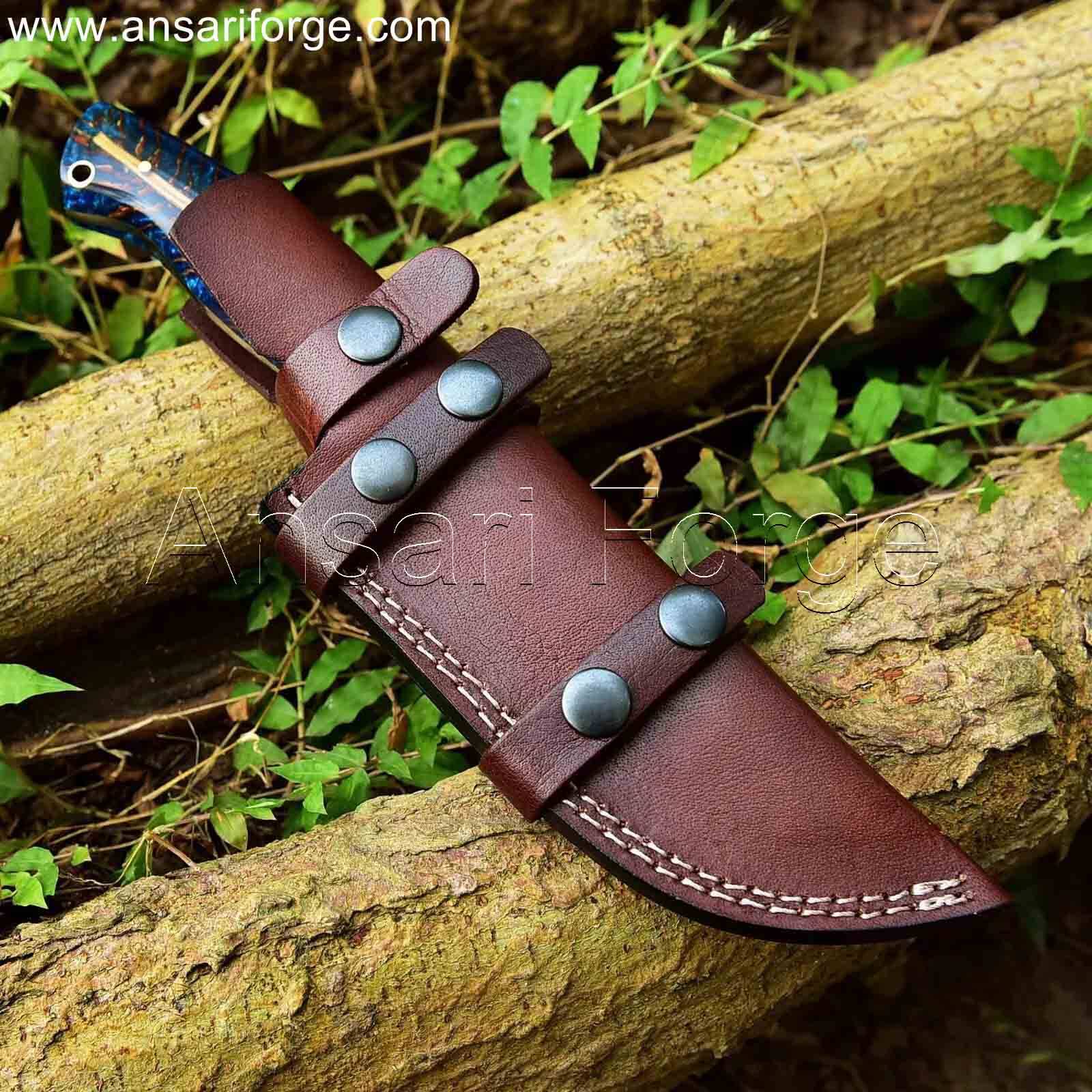 Hand-forged Damascus steel best hunting knife with a drop-point blade, pinecone handle, and cowhide leather sheath.