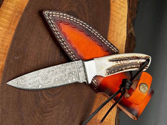Custom Handmade Damascus Steel Hunting Knife Stag Handle And Leather Sheath