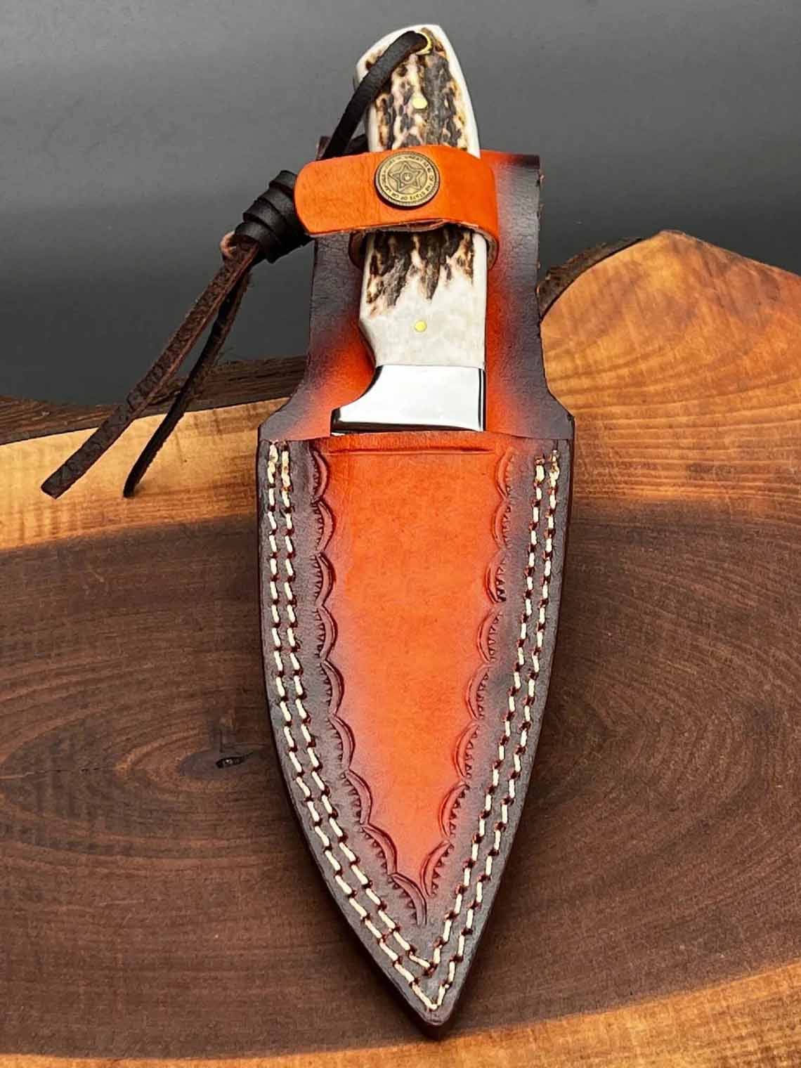 Custom Handmade Damascus Steel Hunting Knife Stag Handle And Leather Sheath