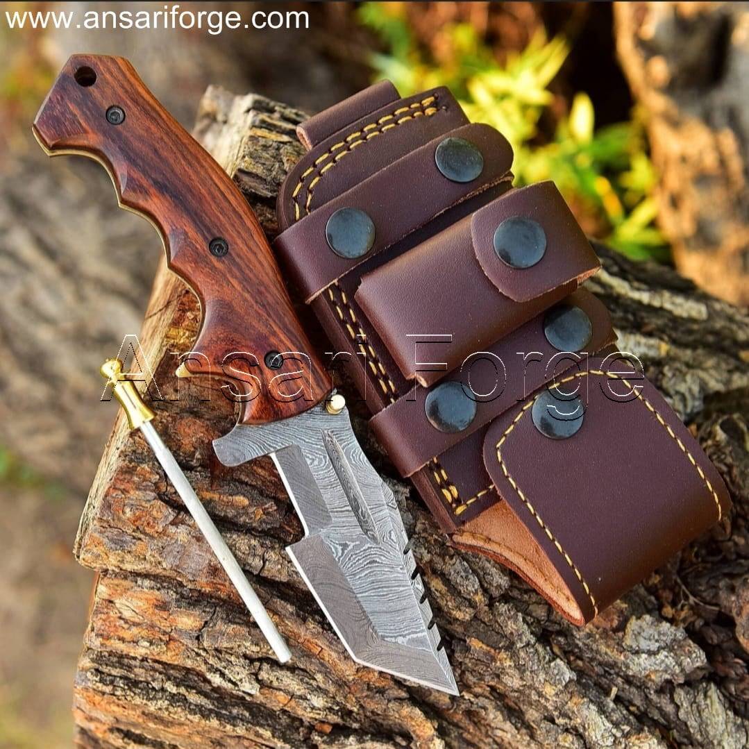 Custom Made Damascus Steel Folding Tracker Knife With Leather Sheath & Sharpener