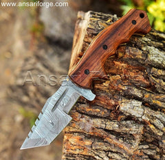 Custom Handmade Damascus Steel Folding Tracker Knife For Sale