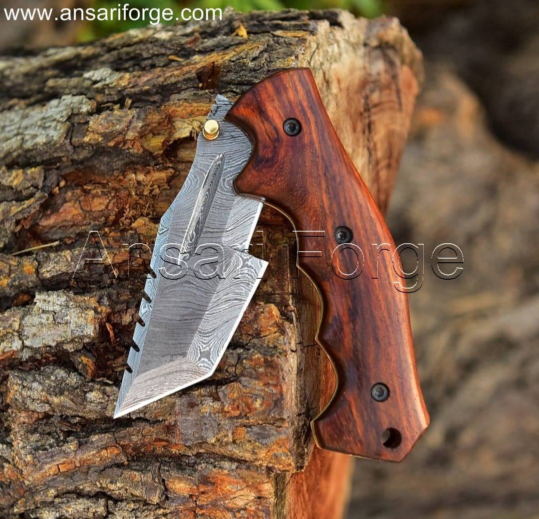 Custom Handmade Damascus Folding Tracker Knife With Sheath & Walnut Wood Handle
