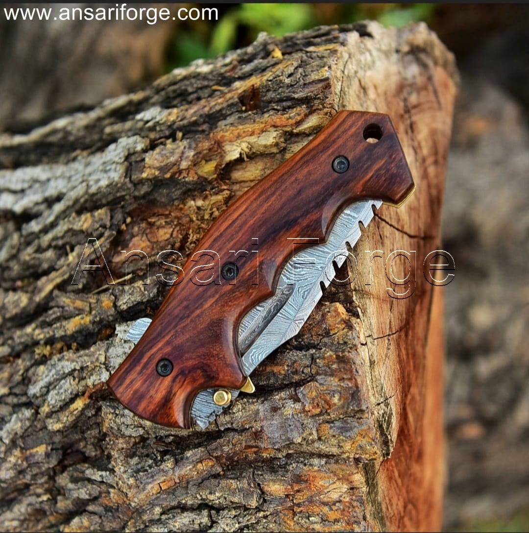 Damascus steel folding tracker knife