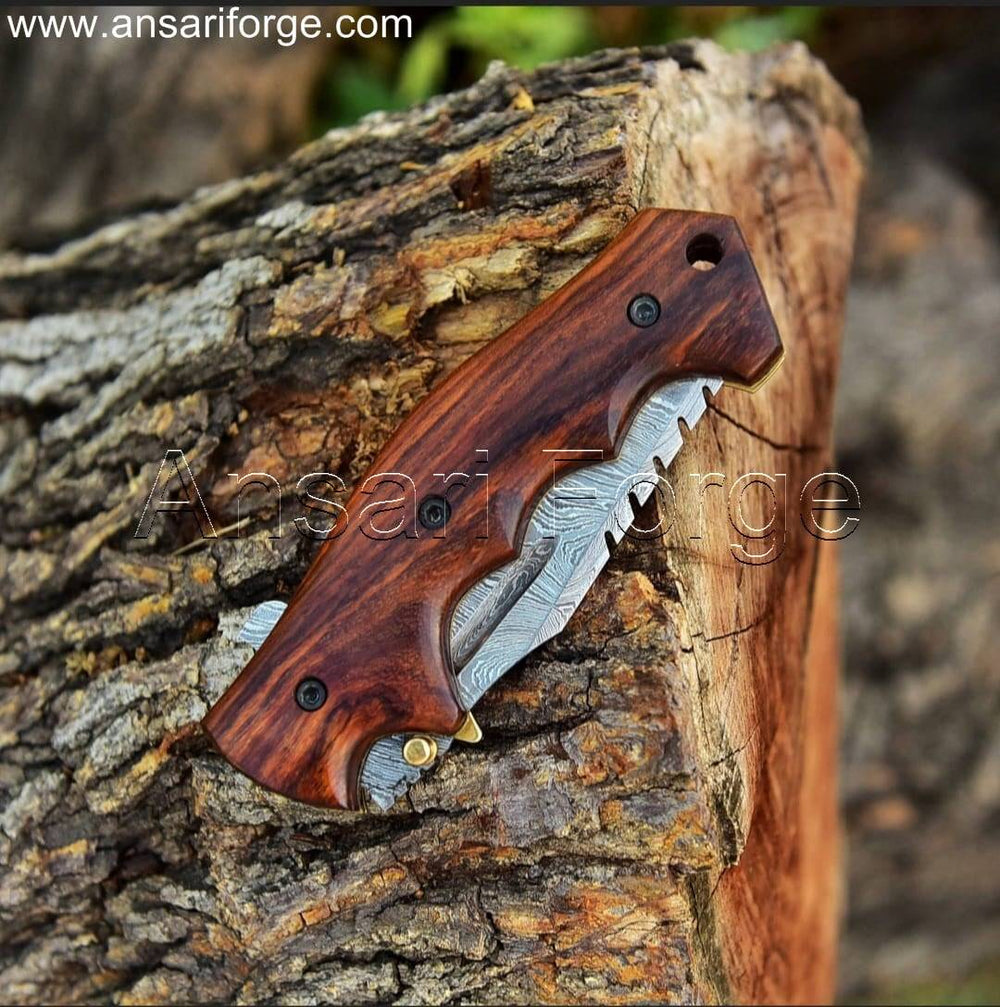 Damascus steel folding tracker knife