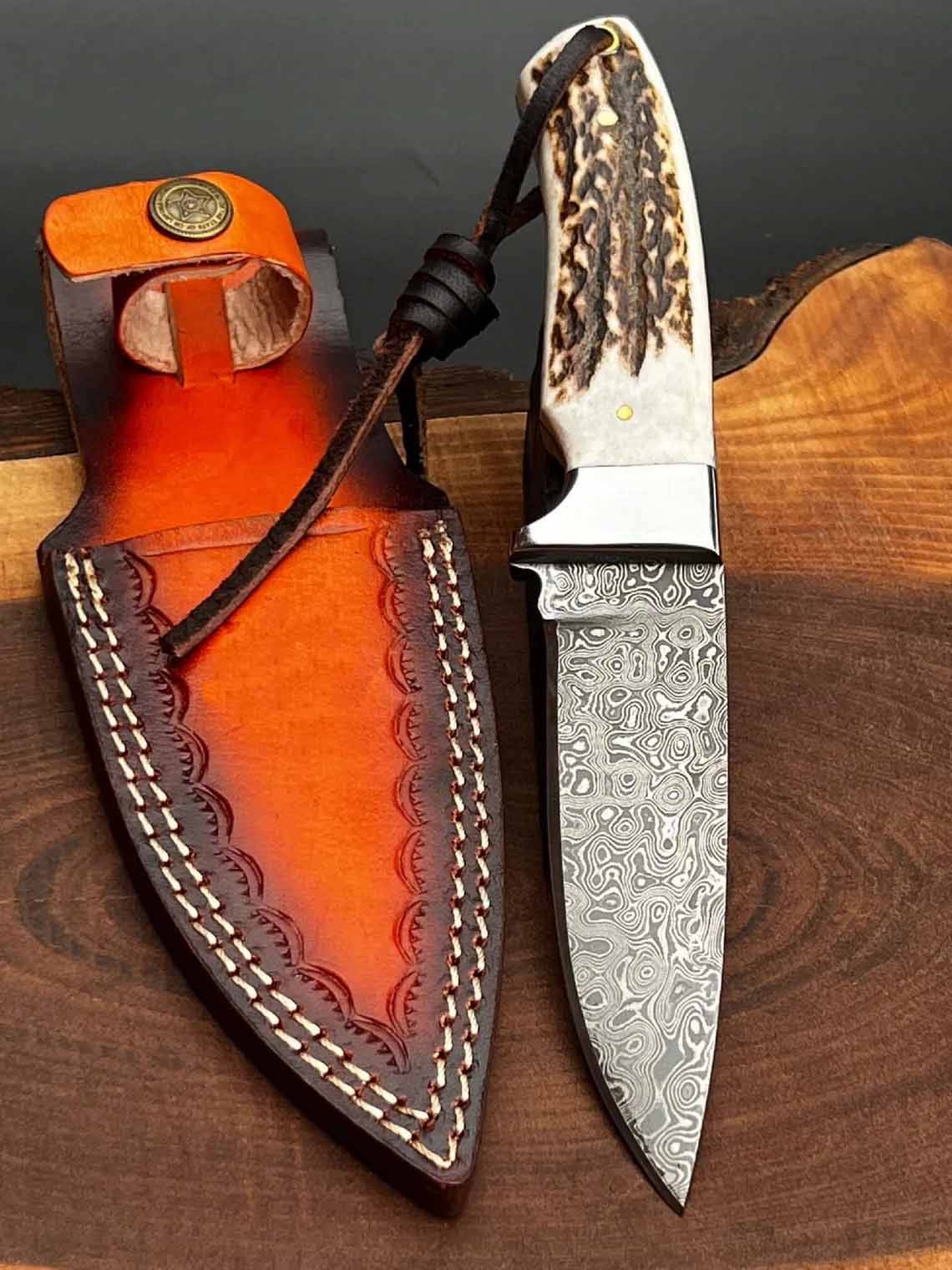 Custom Handmade Damascus Steel Hunting Knife Stag Handle And Leather Sheath