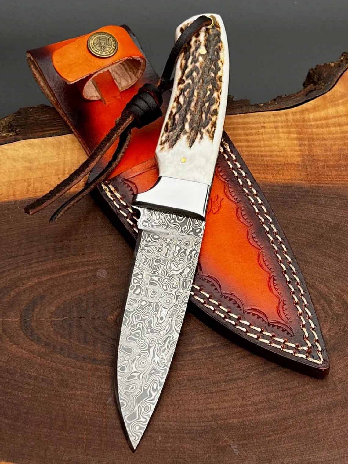 Custom Handmade Damascus Steel Hunting Knife Stag Handle And Leather Sheath