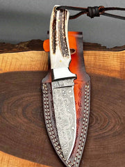 Custom Handmade Damascus Steel Hunting Knife Stag Handle And Leather Sheath
