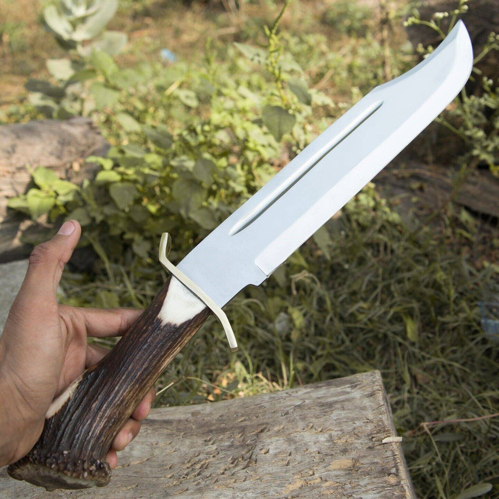 Ansari Forge 16" Custom Bowie Knife - Close-up of Crown Stag Antler Handle.