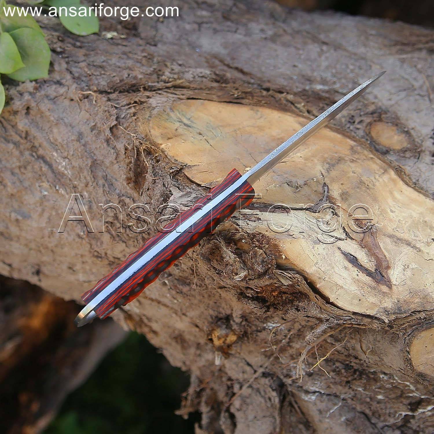 Hand-forged Damascus steel EDC fixed blade knife with Pakkawood handle and genuine cowhide cross draw sheath.