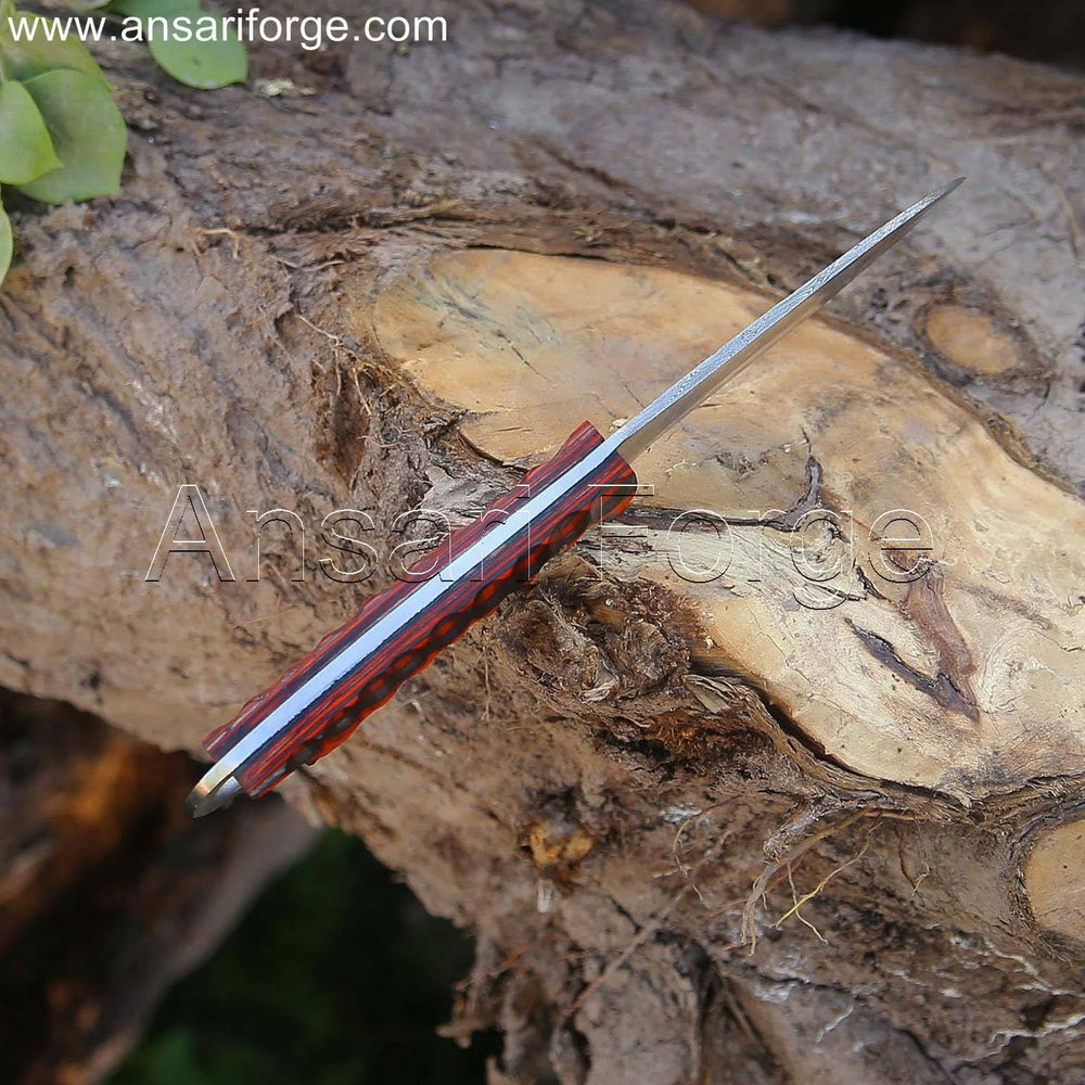 Hand-forged Damascus steel EDC fixed blade knife with Pakkawood handle and genuine cowhide cross draw sheath.