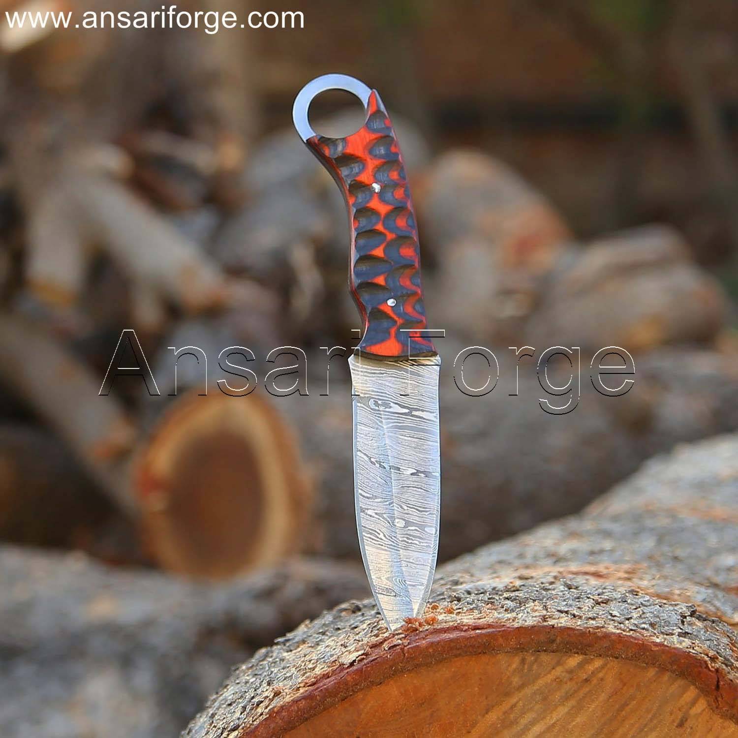 EDC fixed blade knife secured in its genuine cowhide cross draw sheath, positioned for easy belt carry.