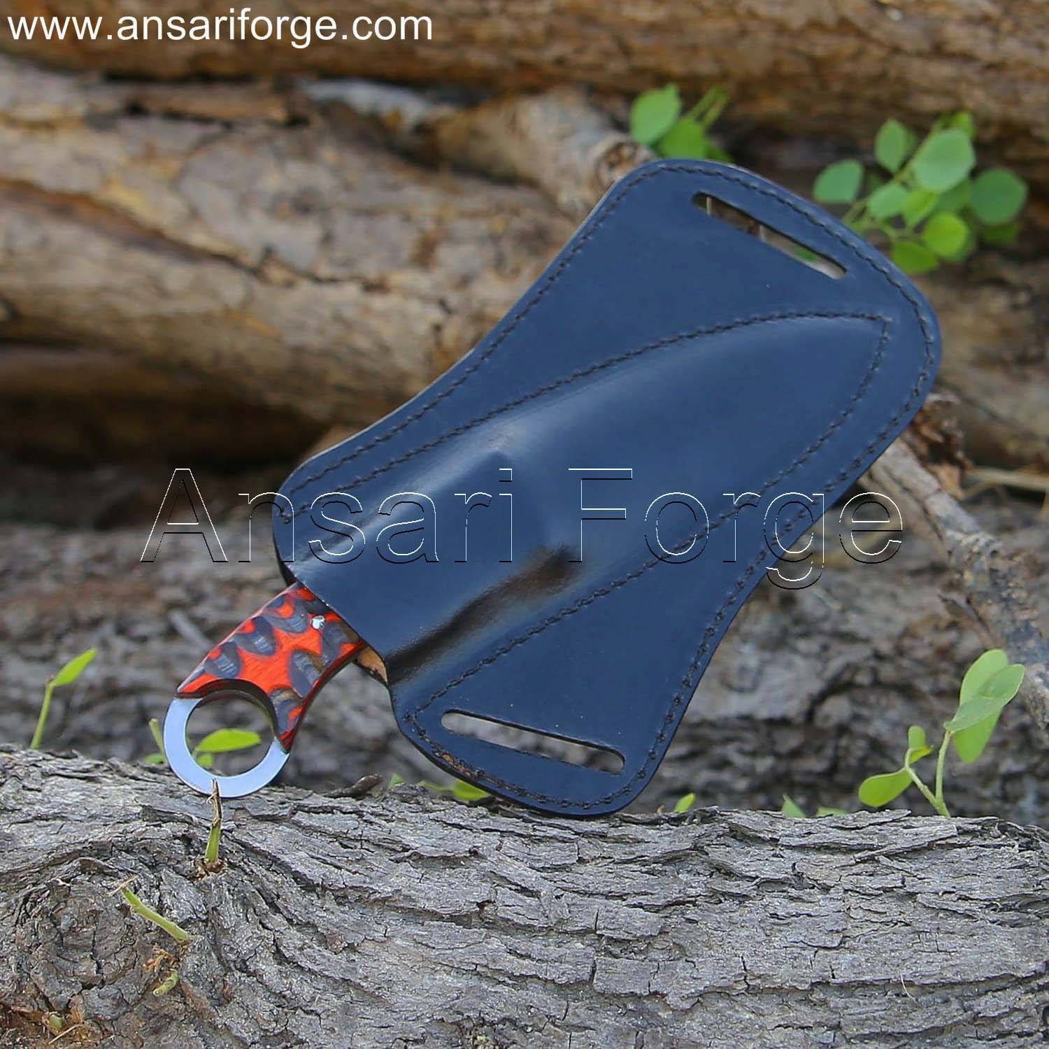 EDC fixed blade knife for everyday carry. Damascus steel blade, Pakkawood handle, cowhide sheath.