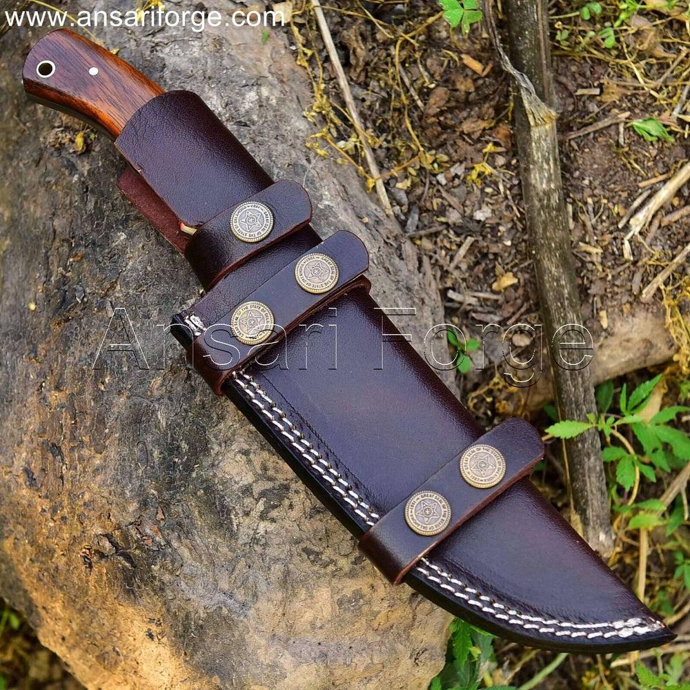 Damascus Skinning Knife with Cross Draw Leather Sheath