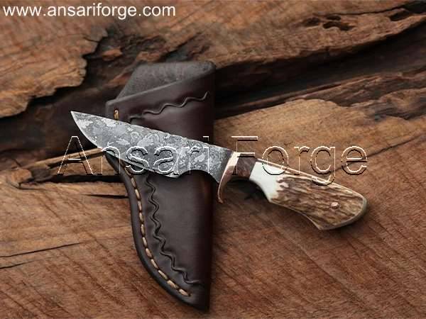 Best EDC Knife with Hand-Forged 1095 High Carbon Steel Blade, Stag Antler Handle, and Genuine Cowhide Leather Sheath