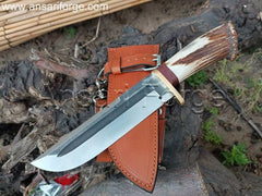 15" Large High Carbon Steel Best Custom Western Bowie Knife With Stag Antler Handle & Leather Sheath