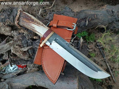 Custom Bowie Knife: Hand-forged high-carbon steel blade, stag antler handle, leather sheath.