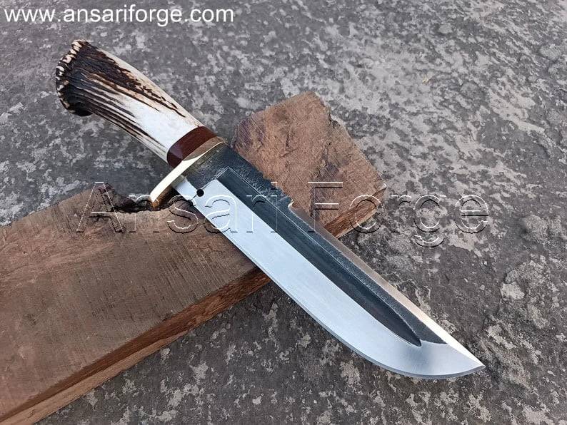 Best Custom Bowie Knife with Hand-Forged 5160 High Carbon Steel Blade, Stag Antler Handle, Brass Guard, and Cowhide Leather Sheath