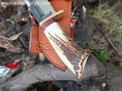 Custom Bowie Knife with Stag Antler Handle and Leather Sheath