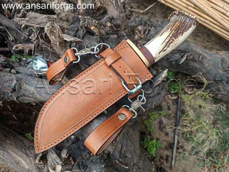 Best Custom Bowie Knife with Stag Antler Handle and Leather Sheath