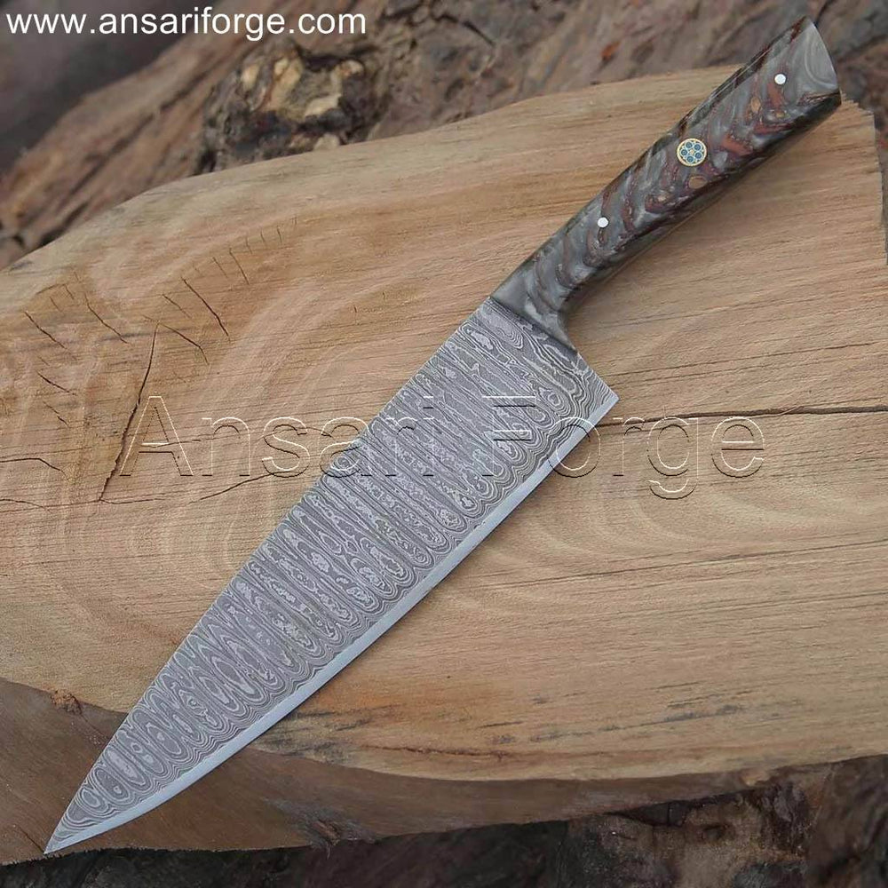 Damascus chef knife with beautiful layered blade pattern, pine cone wood handle, and brown cowhide leather sheath.