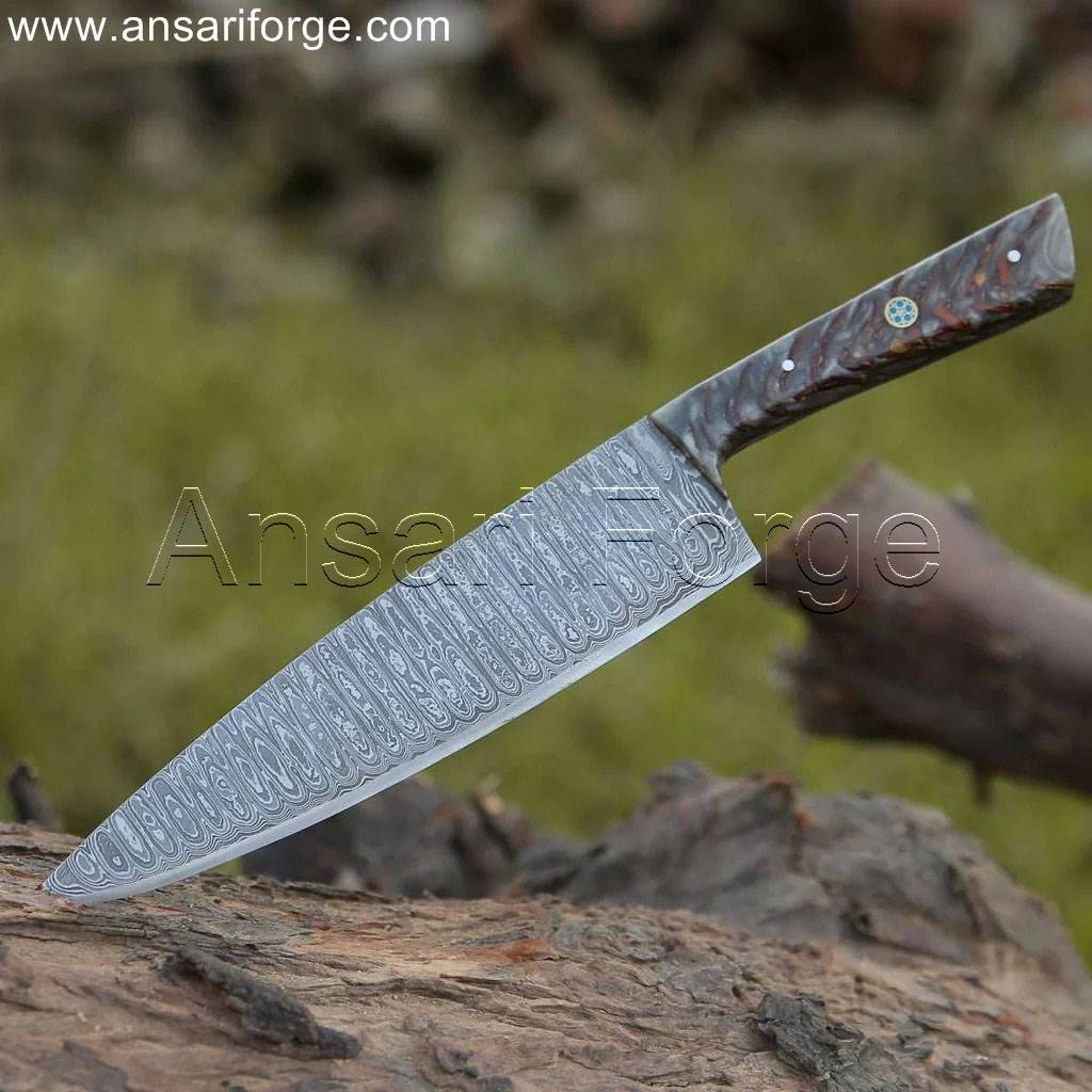 Best Damascus chef knife with a ladder pattern, pine cone handle, and leather sheath.