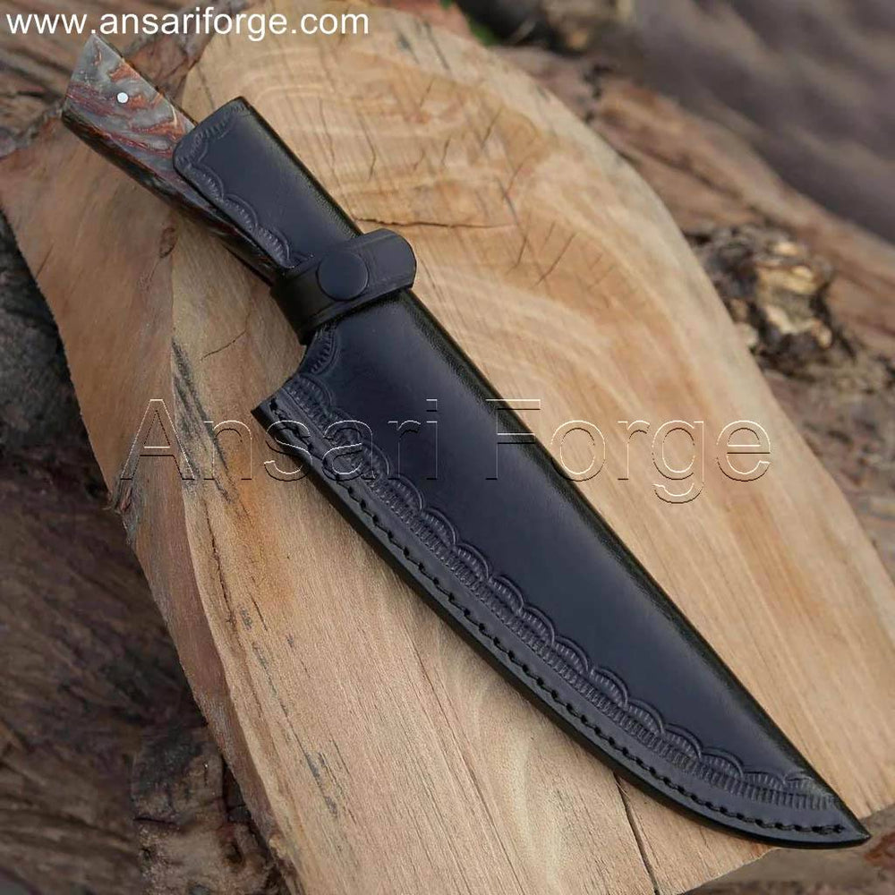 Best Damascus chef knife with beautiful layered blade pattern, pine cone wood handle, and brown cowhide leather sheath.