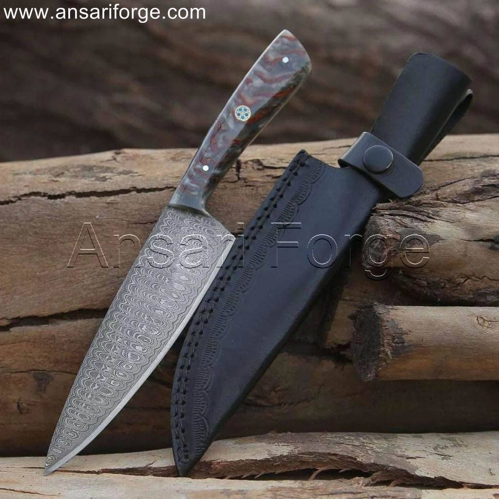Professional Damascus chef knife with beautiful layered blade pattern, pine cone wood handle, and brown cowhide leather sheath.