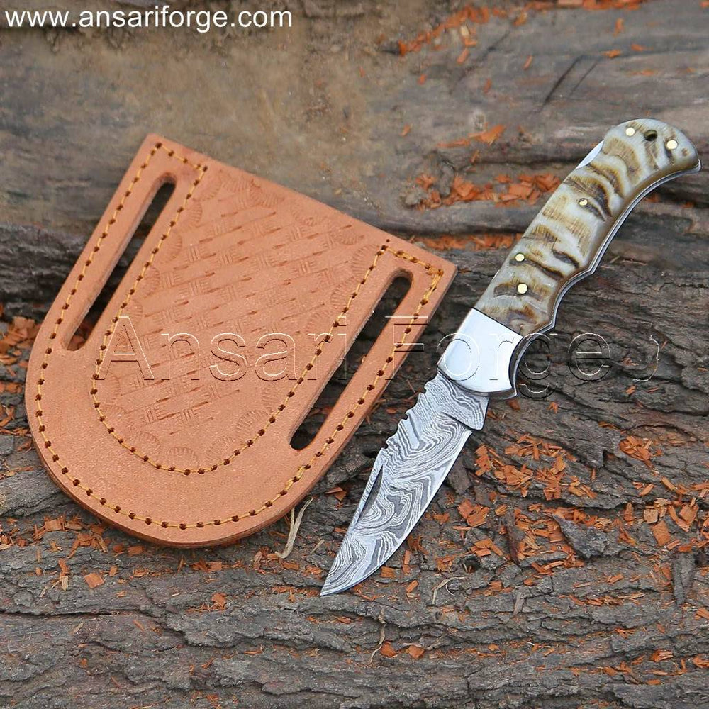 Handmade Damascus Folding Knife - Best Small EDC Pocket & Utility Blade with ram horn handle and leather sheath