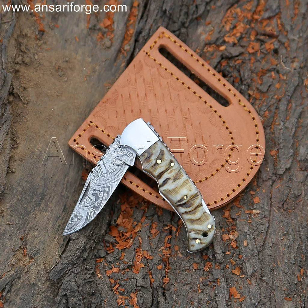 Small Damascus Folding Knife with Brass Frame & leather sheath