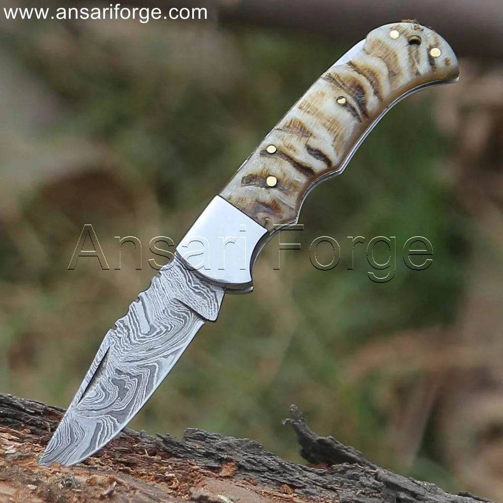 Handmade Damascus Folding Knife with Ram Horn Handle & stainless steel bolsters